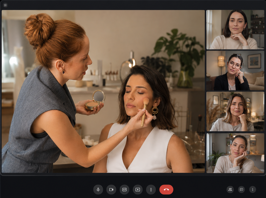 Meet virtual realista con mujeres diversas del target de Andrea, 30-55 años, diferentes estilos y tonos de piel, escena desde laptop con escritorio beauty, café, libreta y skincare.